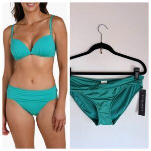 NWT La Blanca Island Goddess Shirred Band Hipster Bikini Bottoms in Calypso Sz 6